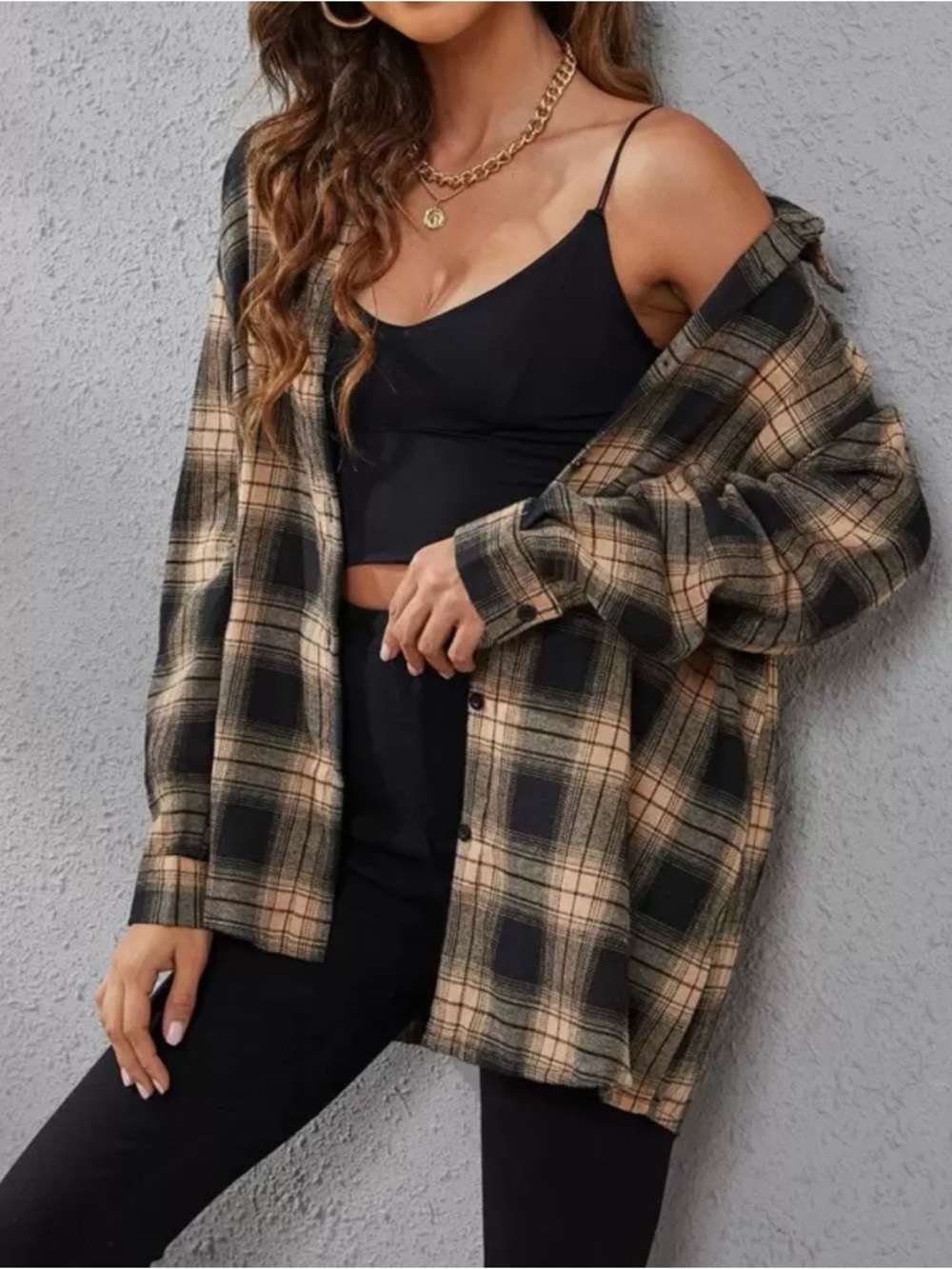 SHEIN Black and Tan Plaid Button-Up Shacket